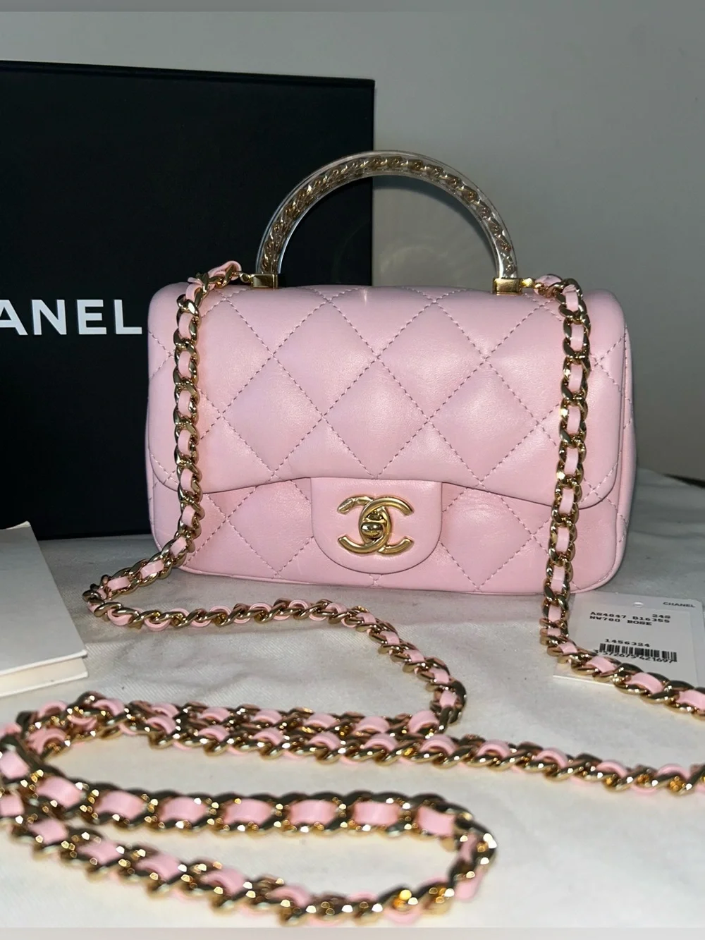 NEW! CHANEL 24S Mini Top Handle Flap Bag Quilted Lambskin Rose Light Pink
